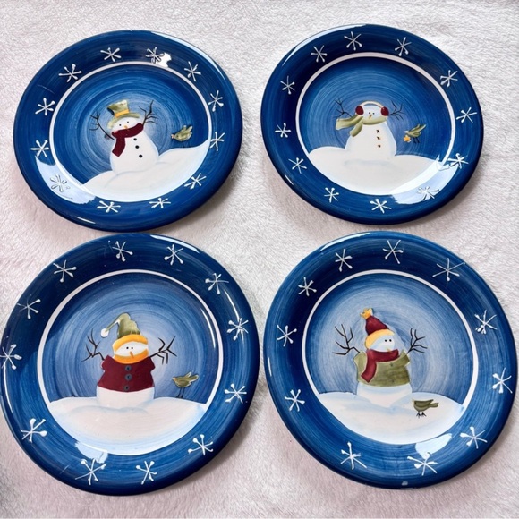 Sanoma Set of 4 Snowman Plates VTG Hand Painted Winter Christmas 8" Plates - Picture 1 of 13
